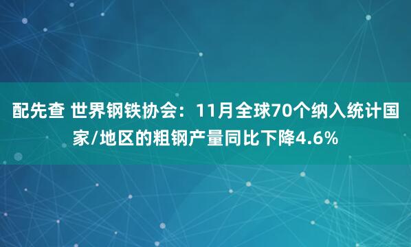 配先查 世界钢铁协会：11月全球70个纳入统计国家/地区的粗钢产量同比下降4.6%